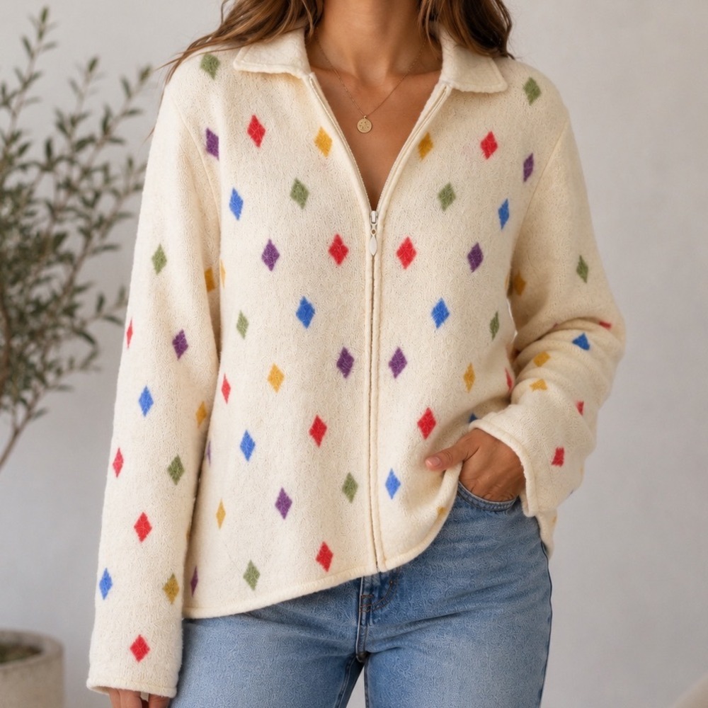 Marisa Christina 100% Wool Zip Sweater Women's XL Multicolor Argyle Collared